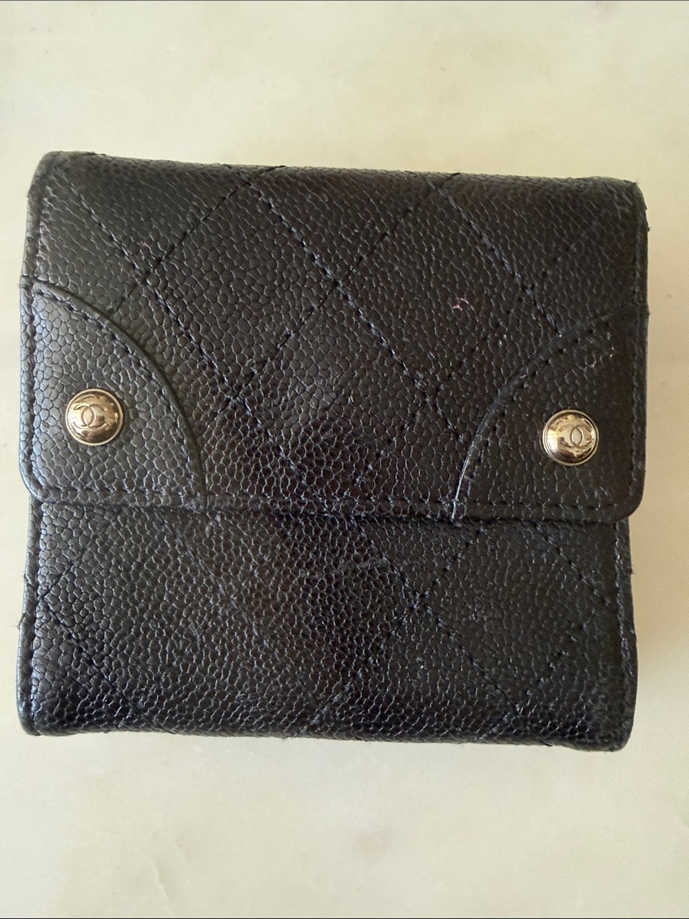 CHANEL Black Quilted Caviar Leather Card & Key Pouch with Gold CC Snaps